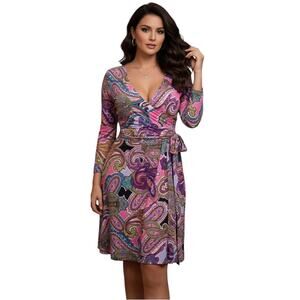 Paniz Dress Size 6 Pink Paisley Faux Wrap 60s Mod Style Casual Workwear Church